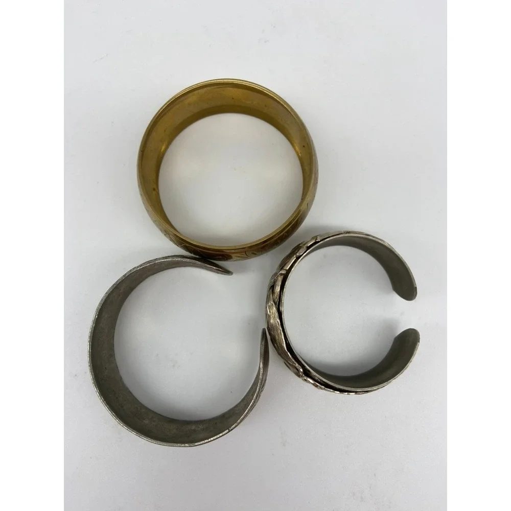 Set of 3 Vintage Boho Cuff Bracelets‎ Ornate Floral Leaf Gold Tone Silver Tone
